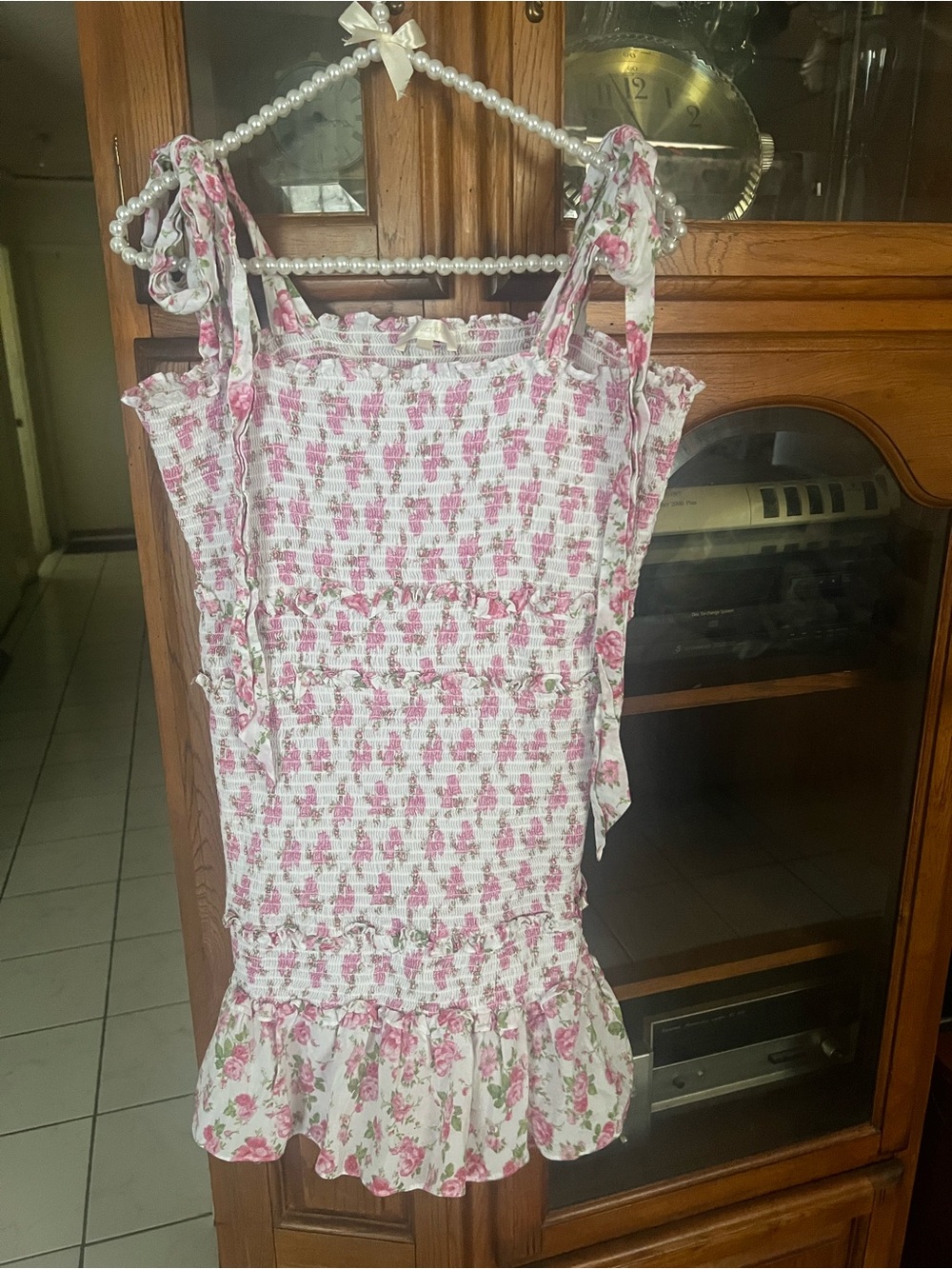 Pink Floral Bows Smocked Mini Dress with Ruffle Hem